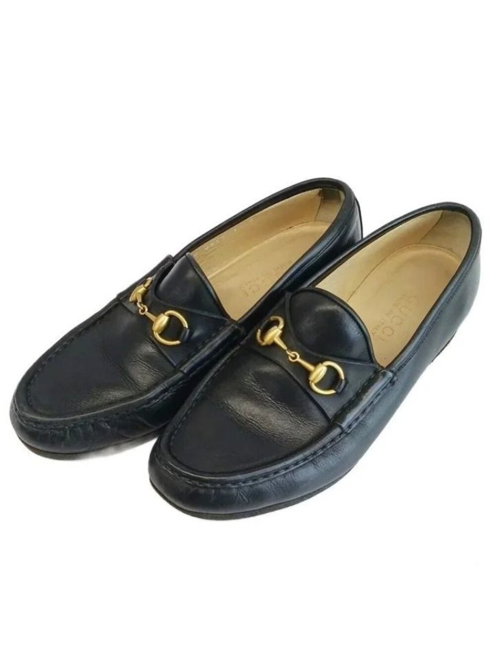 Gucci Vintage Horsebit Loafers Slip-on Leather Shoes Gold Black 7